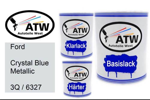 Ford, Crystal Blue Metallic, 3Q / 6327: 1L Lackdose + 1L Klarlack + 500ml Härter - Set, von ATW Autoteile West.